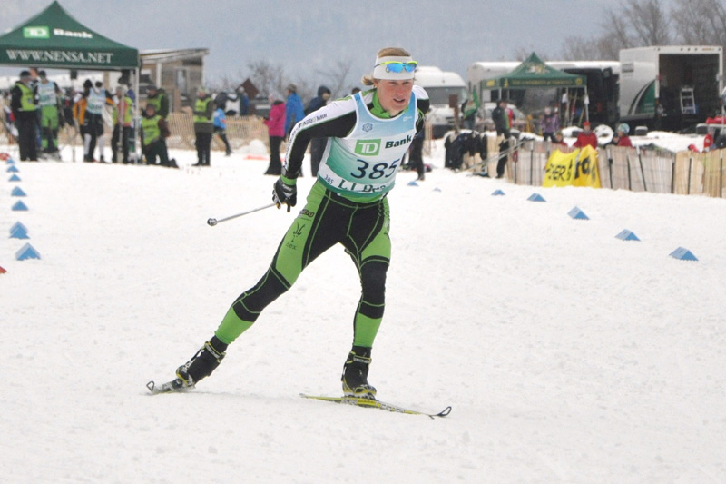 Patrick O'Brien racing to third for Craftsbury in the 10 k skate at the University of Vermont Carnival at Trapp Family Lodge this past winter. After four years on the pro circuit, O'Brien, 26, is entering a new chapter of his ski career as a coach.