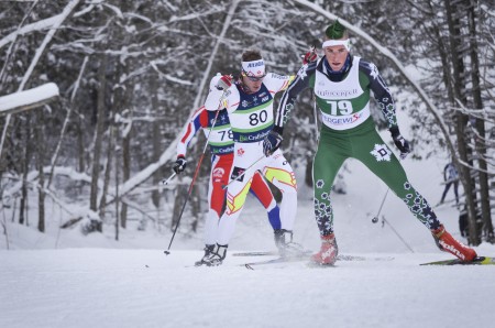 Patrick Caldwell leads a group of skier's in Friday's 10-kilometer freestyle race in Craftsbury, Vermont, as part of the USSA SuperTour. Photo courtesy John Lazenby.
