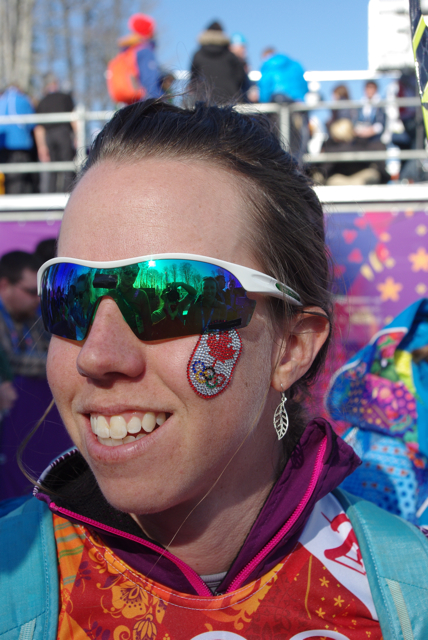 Perianne Jones with her sparkly Canadian Olympic facial sticker still in tact after the women's 4 x 5 k relay on Saturday at the Sochi Olympics. 