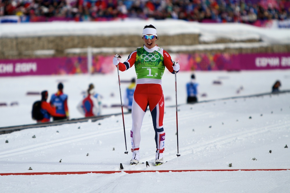 Marit Bjørgen anchors the Norwegian women's 6 x 1.3 k classic team sprint victory at the 2014 Sochi Olympics. She teamed up with Ingvild Flugstad Østberg to do so, and it was Østberg's first Olympic gold.