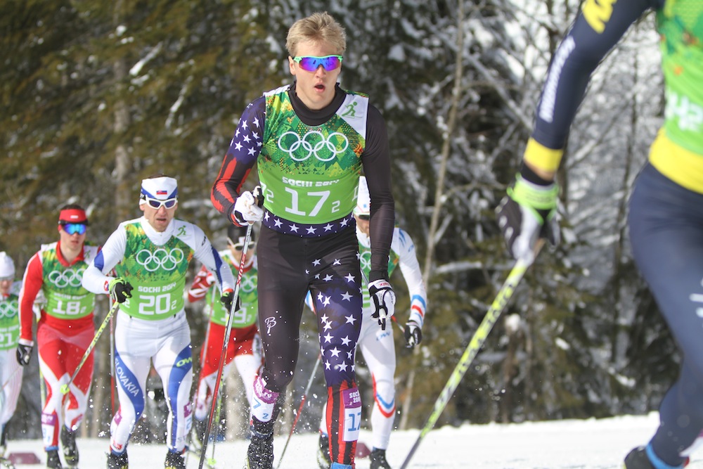 Erik Bjornsen (USA) racing in the semifinals of the Olympic team sprint today.