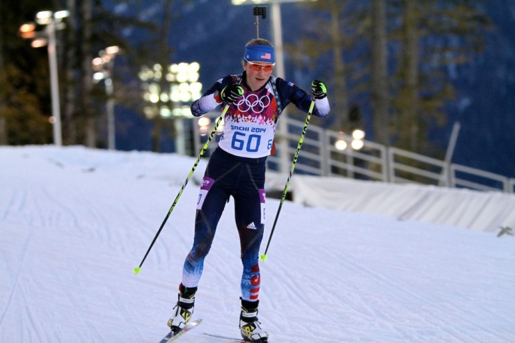 Hannah Dreissigacker (US Biathlon) en route to 23rd in the Olympic 15 k individual in Sochi, Russia.