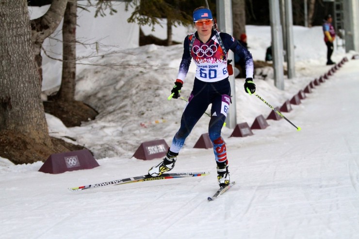 Hannah Dreissigacker (US Biathlon) en route to a career-best 23rd in the Olympic 15 k individual in Sochi, Russia.