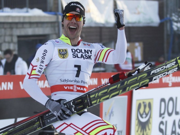 Alex Harvey of Canada celebrates after winning the World Cup sprint in Szklarska Poreba, Poland, in January. Photo: Fischer/NordicFocus.