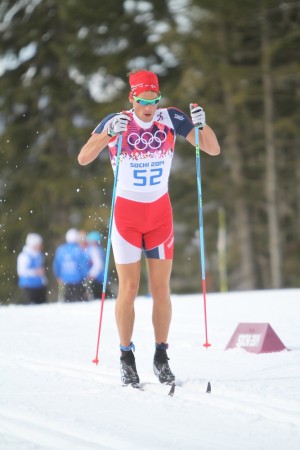 Norway's Chris Andre Jespersen racing in shorts at the 2014 Winter Olympics 15 k classic in Sochi, Russia. 