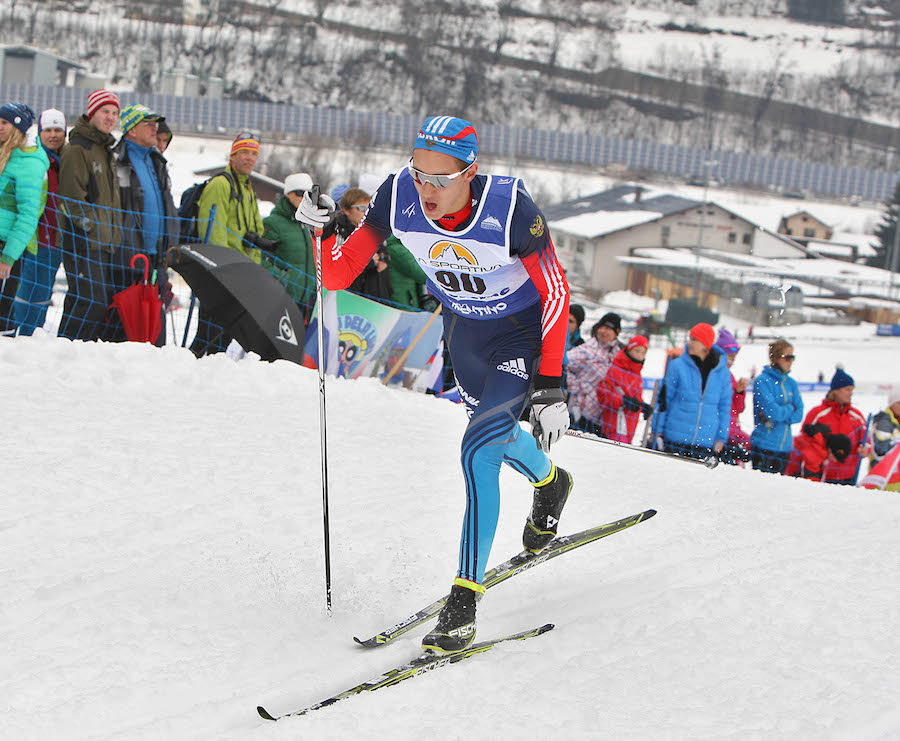 Russia Roman Kaygorodov racing to his first Junior World title on Sunday in the 10 k classic individual start in Val di Fiemme, Italy. (Photo: Fiemme2014)
