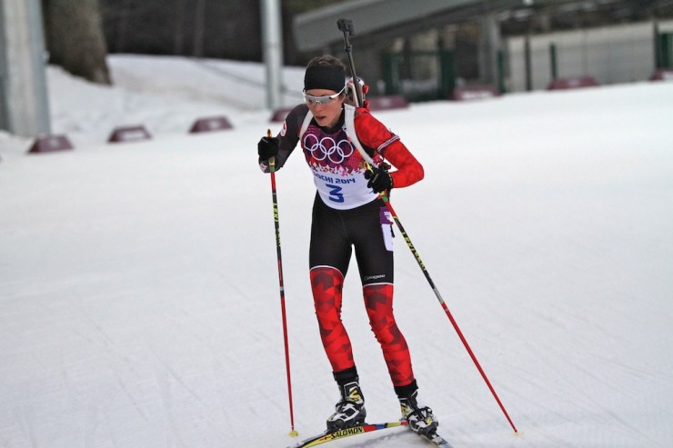 Megan Imrie (Biathlon Canada) posts the top Canadian result of 30th on her birthday Friday in the 15 k individual at the 2014 Olympics in Sochi, Russia.