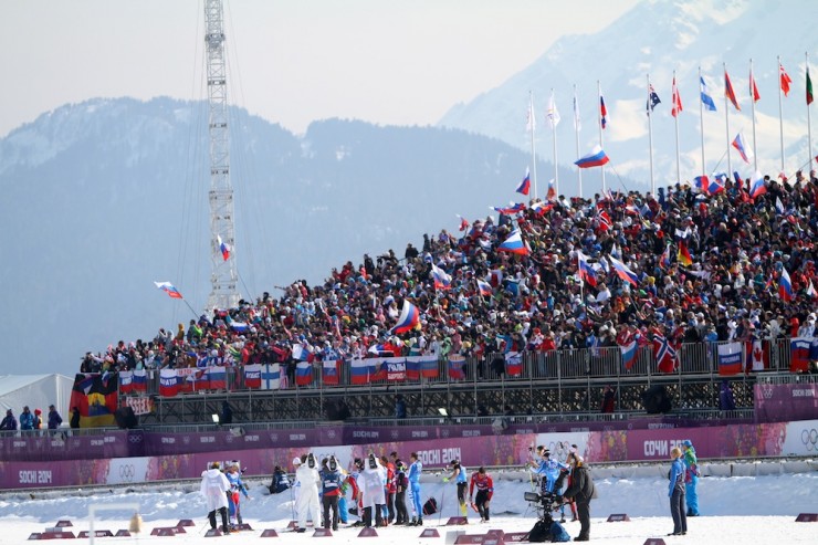 Men's relay day at the Laura Cross-Country Ski Center on Sunday at the Olympics in Sochi, Russia.