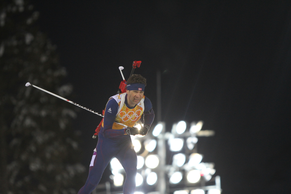 Ole Einar Bjørndalen out on the trails at the 2014 Olympics, where he trounced the decades-younger competition.