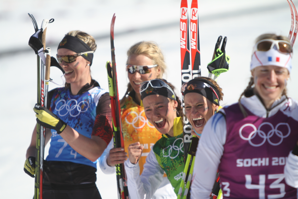 A happy German team at the finish (l-r): Denise Herrman, Claudia Nystad, Stephanie Boehler, and Nicole Fessel.