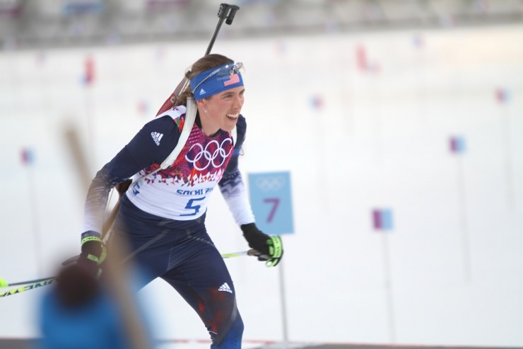 Susan Dunklee (US Biathlon) leaving the range en route to 34th in Friday's Olympic 15 k individual in Sochi, Russia.