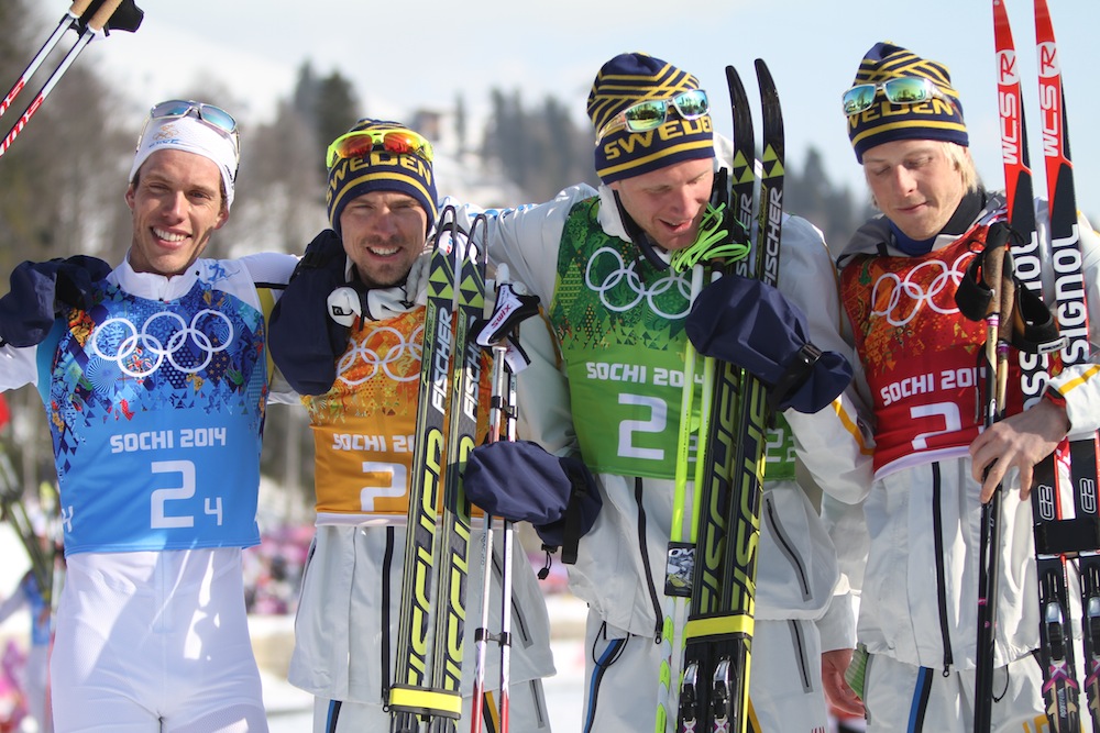 Switching out? Johan Olsson and Daniel Richardsson (second and third from left) will rejoin the national team after a year on the outside. They were part of the Swedish men's team that defended their gold medal from the 2010 Olympics to win the 4 x 10 k relay in commanding fashion at the 2014 Sochi Games. From left to right: Marcus Hellner, Olsson, Richardsson, and Lars Nelson.