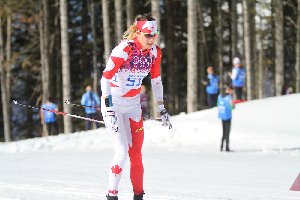 Heidi Widmer racing to 57th in the 10 k classic individual start at the 2014 Olympics in Sochi, Russia.