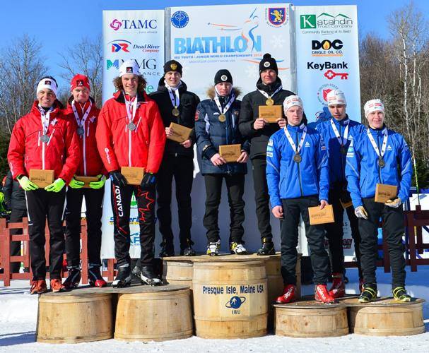Canada (l) won silver in the youth men's relay. Russia (c) took first and Finland (r) was third. Photo: Biathlon Canada.