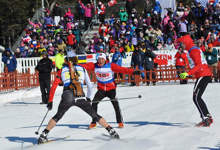 The Canadians celebrate as Brunotte crosses the line for silver. Photo: Biathlon Canada.