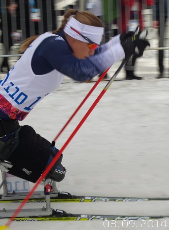 Oksana Masters racing for silver medal in the women's 12 K race at the 2014 Winter Paralympic Games in Sochi.