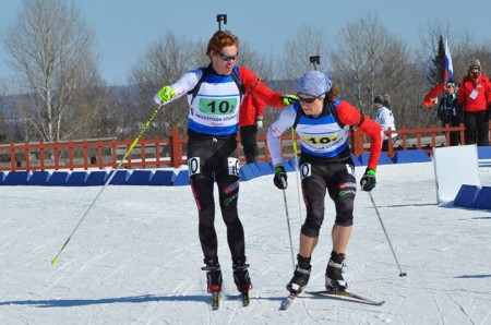 Millar tags Burnotte for the third leg. Photo: Biathlon Canada
