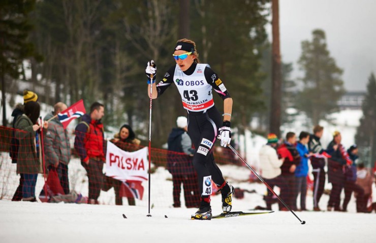Sophie Caldwell (U.S. Ski Team) racing to 35th in her first Holmenkollen 30 k mass start in Oslo, Norway. (Photo: Fischer/Nordic Focus)