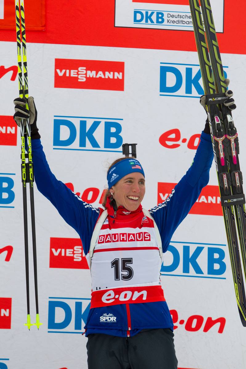 Susan Dunklee, a standout skier who was recruited to biathlon in 2008, celebrating the first World Cup podium of her career in Oslo in March 2014. USBA is hoping they can replicate her story. (Photo: USBA/NordicFocus)