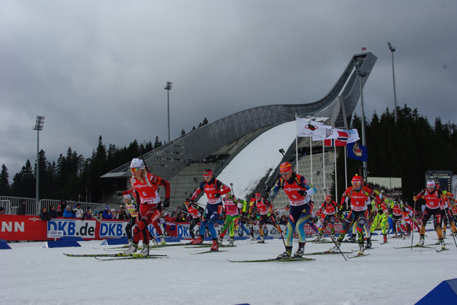 Tiril Eckhoff of Norway leads the women's 12.5 k mass start in Oslo today.