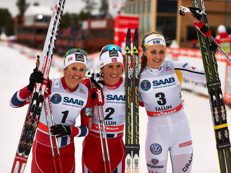 Today's Sprint Podium in Falun, Sweden at the World Cup Finals. Ingvild Flugstad Ostberg (NOR, Marit Bjorgen (NOR), Stina Nilsson (SWE) (l-r) (Photo: Fischer/Nordic Focus)