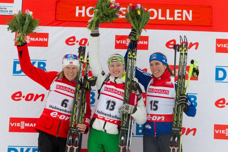 Tora Berger (l) retired, but Darya Domracheva is back with a new coach, and U.S. athlete Susan Dunklee saw her first podium last season. Photo: NordicFocus/UBSA.