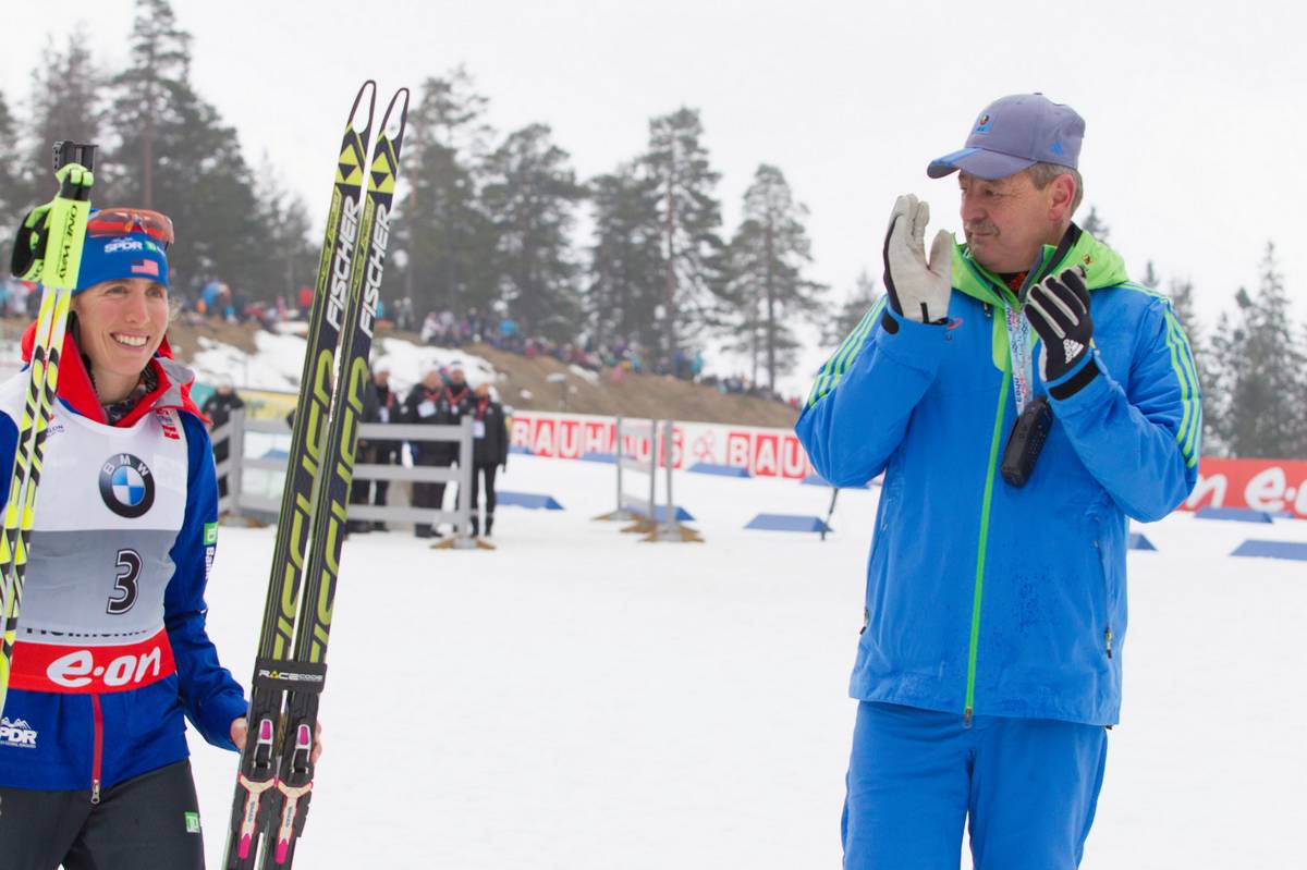 Susan Dunklee gets ready to make her entrance for the flower ceremony after the 10 k pursuit. Photo: USBA/NordicFocus.