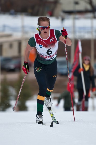Anja Gruber (UVM) skis her way to the win in the 5 k classic at the 2014 NCAA Championships. (Photo: http://bertboyer.zenfolio.com) All proceeds from photo sales will be directly donated to NNF.