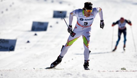 Canadian Alex Harvey edges Norway's Martin Johnsrud Sundby (not shown) by 0.4 seconds for the 30 k skiathlon victory at World Cup Finals on Saturday. (Photo: Fischer/Nordic Focus)