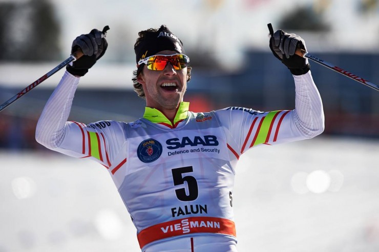 Canada's Alex Harvey celebrates his third World Cup win of the season after a 0.4-second victory in Saturday's 30 k skiathlon at World Cup Finals in Falun, Sweden. (Photo: Fischer/Nordic Focus)