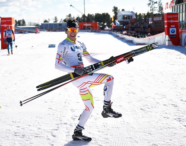 Canada's Alex Harvey celebrates in his traditional fashion after winning his third World Cup race of the season, the 30 k skiathlon and second stage of World Cup Finals on Saturday in Falun, Sweden. (Photo: Fischer/Nordic Focus)