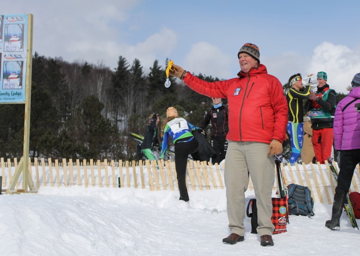 Johannes von Trapp of Trapp Family Lodge presenting medals at 2014 Junior Nationals earlier this week in Stowe, Vt.