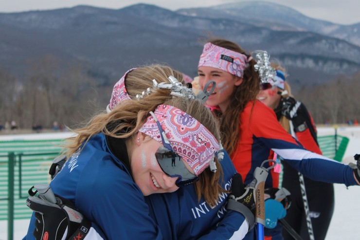 Intermountain's relay-winning women's team celebrates at the finish of the U16 3 x 3 k relay on Saturday at Junior Nationals in Stowe, Vt.