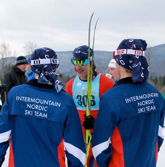 Intermountain's U16-relay winning men's team congratulate Zach Williams (c) after he anchored them to a Junior National title on Saturday in the 3 x 3 k freestyle race.