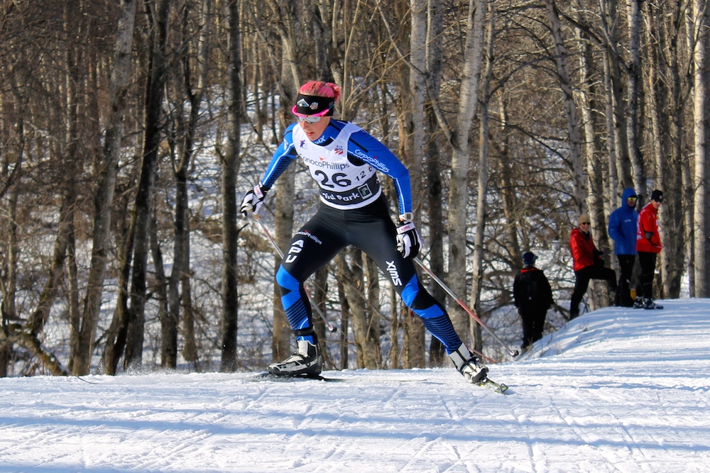 Kikkan Randall (APU/USST) heads up Elliott's Climb in Kincaid Park at the end of the first of two laps on Saturday. She went on to win the 10 k freestyle individual start by 2.2 seconds on the first day of SuperTour Finals in Anchorage, Alaska. 