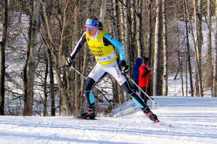 SuperTour leader Caitlin Gregg (Team Gregg/Madshus) clocks the fastest time through 5 k in Saturday's 10 k freestyle at SuperTour Finals in Anchorage, Alaska. She went on to place third.