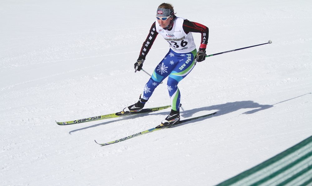 Tara Humphries (Bates College/New England) racing to a victory at 2014 Junior Nationals in the women's 5 k classic individual start on Monday at Trapp Family Lodge in Stowe, Vt.
