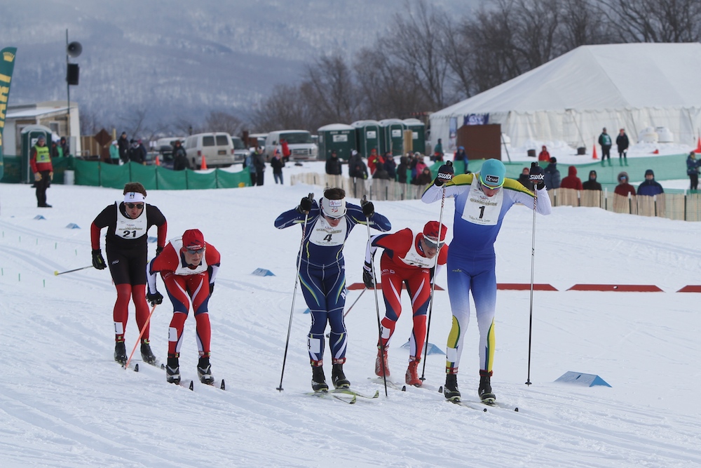 Far West's Peter Holmes (1) leads his semifinal in Wednesday's 1.4 k classic sprint at Junior Nationals in Stowe, Vt. He went on to win his second national title in as many races.