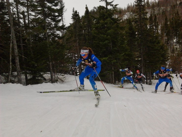 Katherine Stewart-Jones (Nakkertok) pulls away from the pack in the junior women's A-final on Thursday in Corner Brook, Newfoundland. She went on to win the freestyle sprint for her third national title.