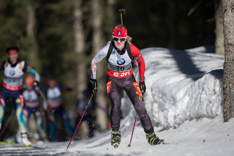 Emma Lunder competing in the World Cup pursuit in Pokljuka, Slovenia, in March 2014. Placing 30th in the sprint there earned her her first senior national team nod. (Photo: NordicFocus.com)