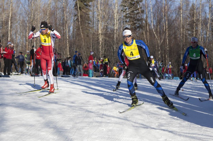 Stratton's Simi Hamilton (l) and APU's David Norris head out of the exchange on the first of two skate legs in Tuesday's 4 x 5 k mixed relay at U.S. Distance Nationals. (Photo: Chris Hodel)