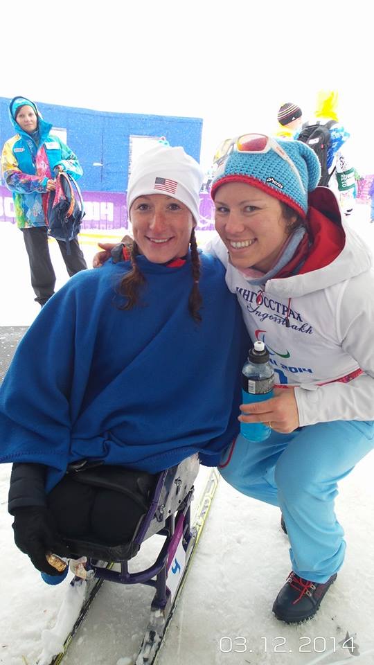Silver Medalist Tatyana McFadden (L) and gold medalist Mariann Marthinsen following the women's 1 k sprint race.