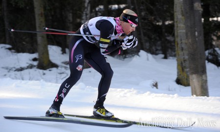 Kikkan Randall (APU/USST) racing to third in the women's 30 k classic mass start at U.S. Distance Nationals. Randall led early in the three-lap race, taking the $100 bonus as the first to crest the high point of the course around 5.5 k. (Photo: Erik Hill/Anchorage Daily News)