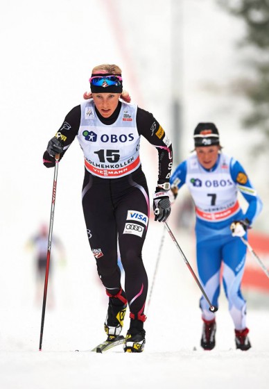 American Kikkan Randall (15) racing to 12th, a career best in the 30 k, at the Holmenkollen 30 k classic mass start on Sunday in Oslo, Norway. (Photo: Fischer/Nordic Focus) 