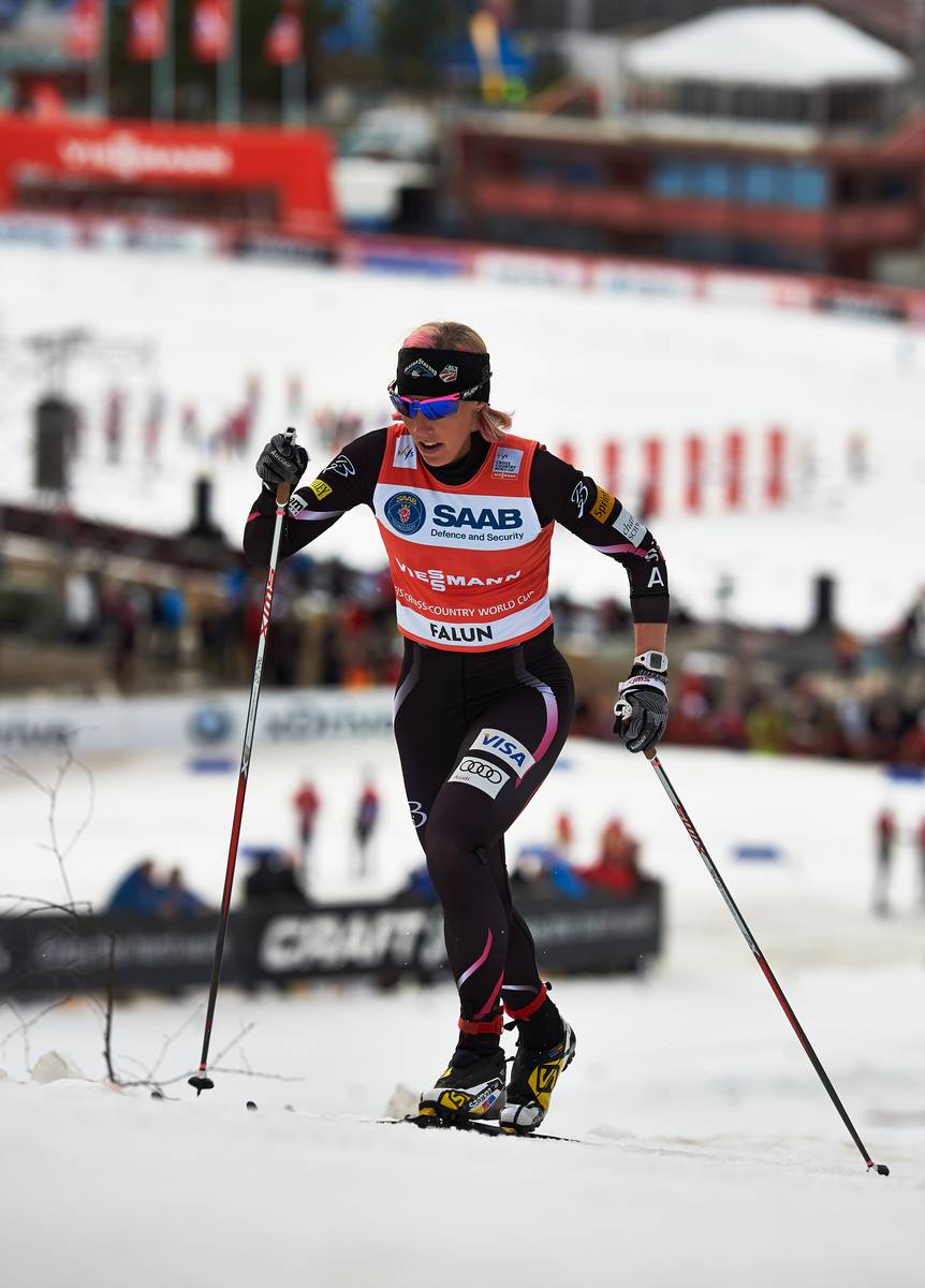 Kikkan Randall (U.S. Ski Team) in Friday's classic sprint qualifier at World Cup Finals in Falun, Sweden. She went on to place fourth in the final and take home her third-straight Sprint World Cup Crystal Globe. (Photo: Fischer/Nordic Focus)