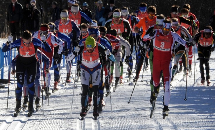 Start of the 4 x 5 k mixed relay, the first of its kind in U.S. cross-country skiing, at U.S. Distance Nationals on Tuesday in Anchorage, Alaska. Up front (from l to r): Reese Hanneman (APU), Brian Gregg (Fastest of the Fast Twitch) and Andy Newell (SMST2). (Photo: Bill Roth/Anchorage Daily News)
