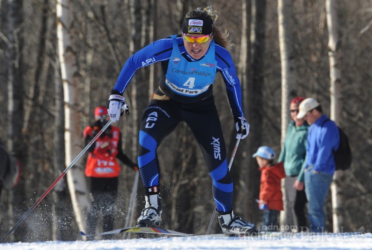 Holly Brooks (APU/USST) anchoring APU's second team to third at the U.S. Distance Nationals 4 x 5 k mixed relay at Kincaid Park on Tuesday. (Photo: Bill Roth/Anchorage Daily News)