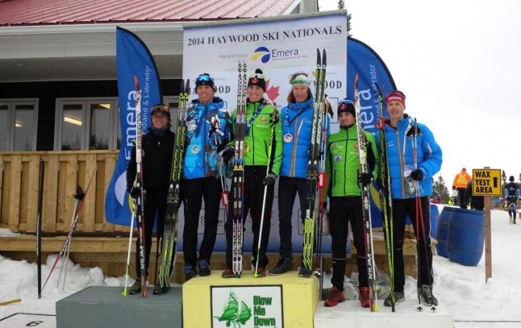 The junior men's podium in the classic interval start at 2014 Canadian Nationals, with winner Scott Hill (NDC Thunder Bay).