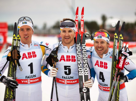 The men's podium at the Falun sprints. Halfvarsson, Peterson, Jönsson (l-r)  Photo: Fischer/Nordic Focus