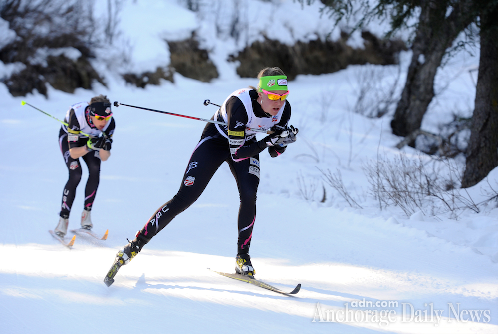 Sadie Bjornsen leads Liz Stephen in 2014 U.S. Distance Nationals 30 k classic mass start at Hillside trails in Anchorage, Alaska